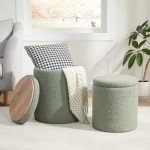 Set of 2 Green Boucle Round Storage Ottomans