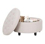 Beige Round Storage Ottoman with Reversible Tray