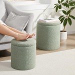 Set of 2 Green Boucle Round Storage Ottomans
