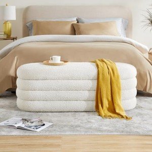 Ivory Upholstered Storage Ottoman Bench for Home