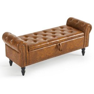 Yellow-Brown Leather Upholstered Storage Ottoman Bench