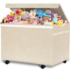 Kids Toy Box with Wheels and Lid - Beige