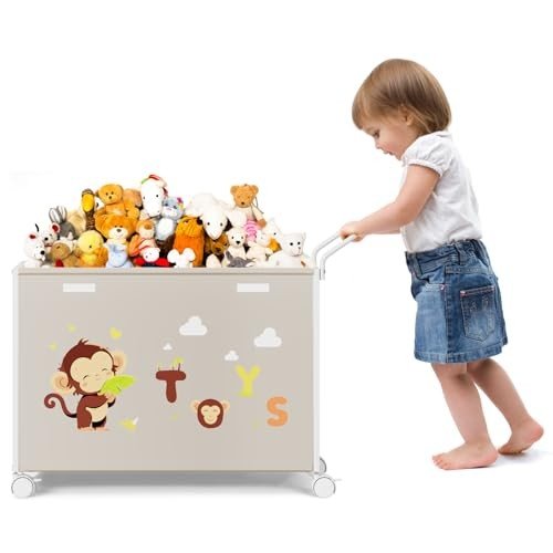 BBLIKE Beige Toy Box with Wheels for Easy Storage