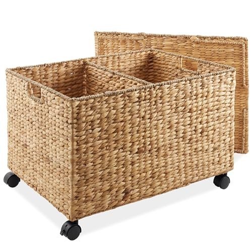 Handwoven Rolling Storage Basket Cart with Lid