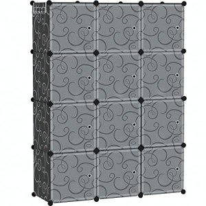 12-Cube Storage Organizer Unit with Doors - Black