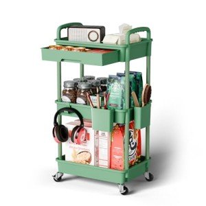 Green 3-Tier Rolling Cart Organizer with Wheels