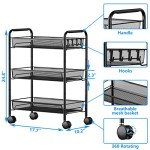 3-Tier Rolling Storage Cart with Hooks - Black