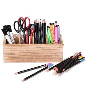 Wooden Pen Pencil Holder for Desk, 4 Compartment Rustic Rectangular Pen Organizer, Wood Desktop Organizer Caddy, Multi Purpose Use for Home School Office Supplies, Stationery