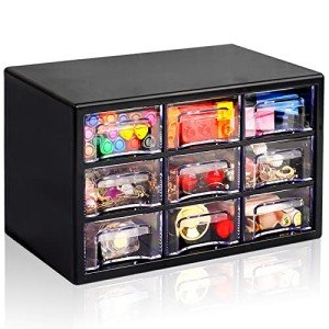 Desk Storage Organizer with 9 Drawers, FODIENS Stackable Desktop Craft Drawer Cabinet, Clear Storage Box Caddy for Makeup Jewelry Office Craft Supplies (9.84×6.3×5.9in) (Black)
