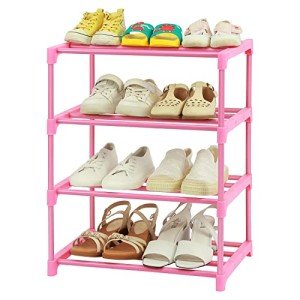 HITHIM 4-Tier Small Pink Shoe Racks, Small Shoe Rack for 6-8 Pairs Shoe Storage,Kids Shoe Racks for Small Place,Lightweight Stackable Shoe Shelf Organizer for Entryway, Doorway and Closet,Pink
