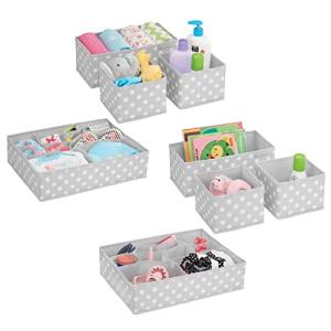 mDesign Fabric Drawer Organizer Bins, Kids/Baby Nursery Dresser, Closet, Shelf, Playroom Organization, Hold Clothes, Toys, Diapers, Bibs, Blankets, Set of 4, 2 Pack, Gray/White Polka Dot