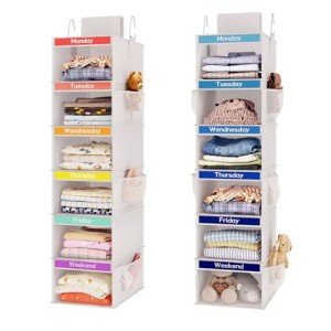 Fixwal 2 Pack 6-Shelf Weekly Hanging Closet Organizer for Kids, Kids Daily Clothes Organizers with 6 Side Pockets, Days of The Week Hanging Storage Shelves (White)
