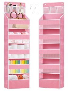 Wakaye Over the Door Organizer, Closet Door Hanging Organizer with 5 Tier Large Capacity Pockets, Heavy Duty Pantry Behind Door Storage Organizer for Bedroom Bathroom Nursery Kids Toys Diaper, Pink
