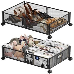 Under Bed Storage Containers,2 Pack Foldable Underbed Storage Containers with Handles and Wheels,Folding Bed Shoes Clothes Organizer,Easy Assembly Underbed Storage for Toy ,Bedding,Bedroom(Black)