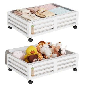Bamboo Under Bed Storage Containers- Underbed Organizer with Wheels with Large Dust Bag,Sturdy Wood Rolling Under the Bed Shoe Storage Organizer Drawer 2 Packs (White, Small)