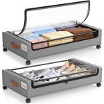 LAMU Under Bed Storage with Wheels 2 Pack, Under Bed Storage Containers with Clear Lid & PU Leather Handle, 6.7 Inches Height Rolling Underbed Drawer Organizer Bins for Clothes, Shoes, Blankets, Grey