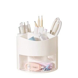 Zyners Rotating Pen Pencil Holder 360-Degree with Drawer, 5 Compartments Desk Stationary Cosmetic Makeup Brushes Holder for Dressing Table, Home, Office, Desktop(White)