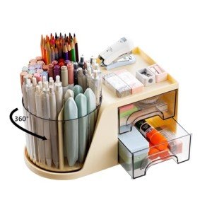 Moikiwi Desk Organizer, 360-Degree Rotating Pen Holder for Desk, Desk Organizers and Accessories with 6 Compartments Pencil Organizer, Art Supply Storage Box Caddy for Office, Home(Yellow