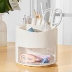 Zyners Rotating Pen Pencil Holder 360-Degree with Drawer, 5 Compartments Desk Stationary Cosmetic Makeup Brushes Holder for Dressing Table, Home, Office, Desktop(White)