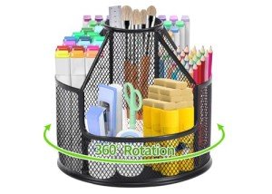 RURYEURT Pencil Holder, Rotating Desk Organizer, Metal Pen Organizer Mesh Pen Holder Office Desk Accessories Cute Office, School, Home,Art Suppliers (Black)