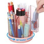 LETURE Desk Organizer Rotating Pen Pencil Holder, 360-degree Rotating Clear Makeup Brush Organizer for Desk, Desktop Stationery Organizer Caddy for Office School Home & Art Supplies (Pink)
