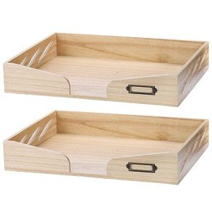 Fasmov 2 Pack Wood Letter-Size Tray, Stackable Office Letter Organizer Desk Tray, Paper Tray Organizer for Desktop Organizeration with Metal Label Card Holder, Wooden Desktop File Folder Holder