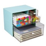 OSteed Desk Craft Organizer and Storage with 4 Mixed Drawers, Stackable Plastic Desktop Accessories & Workspace Organizer for Office Stationary, Makeup Skincare, Sanitation Supplies, Blue