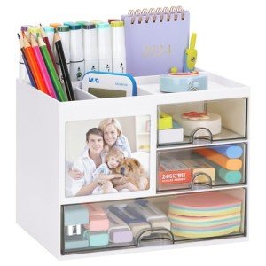 Multifunction Desk Organzier with Drawers, Cosmetic/Makeup Vanity Organizer Box, 3 Drawers Plastic Stationary Storage Organzier, Desktop Desk Storage Drawers for Office Supplies, School, Home (White)