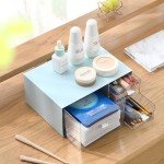 OSteed Desk Craft Organizer and Storage with 4 Mixed Drawers, Stackable Plastic Desktop Accessories & Workspace Organizer for Office Stationary, Makeup Skincare, Sanitation Supplies, Blue