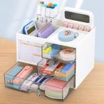 Multifunction Desk Organzier with Drawers, Cosmetic/Makeup Vanity Organizer Box, 3 Drawers Plastic Stationary Storage Organzier, Desktop Desk Storage Drawers for Office Supplies, School, Home (White)