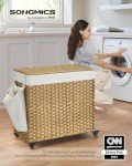 SONGMICS Laundry Hamper with Lid, 42.3 Gallons (160 L), Rolling Laundry Basket with Wheels, 3-Section Synthetic Rattan, Removable Liner, Bedroom, 27.6 x 14.2 x 26 Inches, Natural ULCB365N01