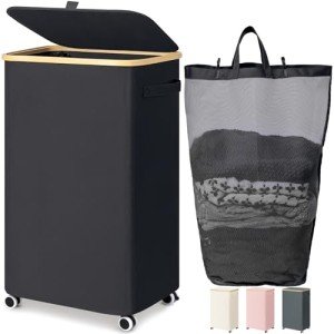 Goodpick Laundry Basket with Wheels, 100L Rolling Laundry Hamper with Lid Clothes Hampers for Laundry with Removable Wash Bag Large Clothes Basket for Bedroom, Bathroom, Black