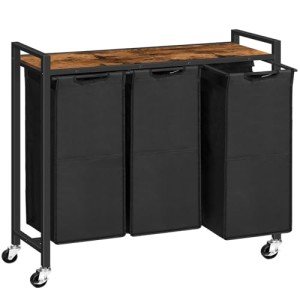 HOOBRO Laundry Sorter 3 Section, Laundry Hamper with Wheels, 3 × 11.5 Gal (43.4L), Rolling Laundry Basket, Pull-Out and Removable Oxford Fabric Laundry Bags, Rustic Brown and Black BF76XY01