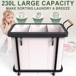 230L (60 Gal) Extra Large Fashion Laundry Sorter 3 Section with Lid, Rolling Laundry Basket Hamper with Handle, Laundry Organizer Storage Cart with Sturdy Metal Frame for Laundry Room, Hotel, White