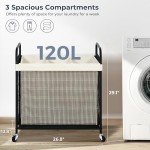 STO STO Laundry Hamper 3 Section, 120L Rolling Laundry Sorter Cart with Removable and Washable Liner Bag, Rolling Clothes Hamper with Metal Handle for Laundry Room and Bedroom