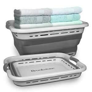 BROOKSTONE, 1 UNIT, 11 GALLONS - [OUR LARGEST BASKET EVER] 24" Collapsible Laundry Basket, Comfort Non-Slip Grip Handles, Minimalist Space Saving Design, Portable Pop-Up Hamper, [BPA FREE]