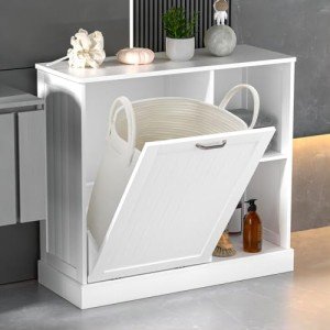 GAZHOME Tilt Out Laundry Hamper Cabinet with Laundry Baskets Hamper,Bathroom Storage Cabinet Laundry Cabinet with Adjustable Shelves,10 Gallon Tilt Out Trash Cabinet(White)
