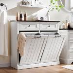 IFBUY Double Tilt Out Laundry Hamper Cabinet, 20 Gallon Farmhouse Trash Can Cabinet with Drawer, Hidden Wood Garbage Can Bin Cabinets with Laundry Storage Basket for Bathroom, Kitchen (Antique White)