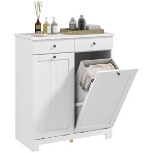 HOMCOM Laundry Hamper Cabinet with 2 Removable Baskets, Tilt Out Laundry Hamper Cabinet with 2 Drawers and 2 Beadboard Doors, Laundry Cabinet Bathroom Storage Cabinet, White