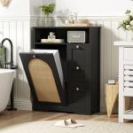 Rattan Storage Cabinet with 3 Drawers, Tilt Out Trash Can Cabinet for 10 Gallon Garbage Can for Laundry Hamper, Accent Furniture, Dual Dog Proof Trash Bin for Living Room, Barthroom, Black