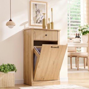 IFGET Modern Tilt-Out Trash Can Cabinet, 10 Gallon Fluted Laundry Hamper Cabinet with Drawers, Wooden Hidden Garbage Can Cabinet w/Storage Basket, Free Standing for Kitchen & Living Room,Natural Oak