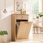 IFGET Modern Tilt-Out Trash Can Cabinet, 10 Gallon Fluted Laundry Hamper Cabinet with Drawers, Wooden Hidden Garbage Can Cabinet w/Storage Basket, Free Standing for Kitchen & Living Room,Natural Oak