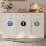 JassmiPkwy Triple Tilt Out Trash Can Cabinet 30 Gallon, 3 in 1 Garbage Can Recycling Cabinet, 59 INCH Trash Recycling Compost with 3 Drawer, Wooden, Dog Proof