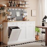 JassmiPkwy Triple Tilt Out Trash Can Cabinet 30 Gallon, 3 in 1 Garbage Can Recycling Cabinet, 59 INCH Trash Recycling Compost with 3 Drawer, Wooden, Dog Proof