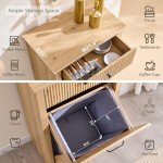 IFGET Modern Tilt-Out Trash Can Cabinet, 10 Gallon Fluted Laundry Hamper Cabinet with Drawers, Wooden Hidden Garbage Can Cabinet w/Storage Basket, Free Standing for Kitchen & Living Room,Natural Oak