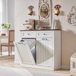 IFBUY Double Tilt Out Laundry Hamper Cabinet, 20 Gallon Farmhouse Trash Can Cabinet with Drawer, Hidden Wood Garbage Can Bin Cabinets with Laundry Storage Basket for Bathroom, Kitchen (Antique White)