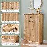 IFGET Modern Tilt-Out Trash Can Cabinet, 10 Gallon Fluted Laundry Hamper Cabinet with Drawers, Wooden Hidden Garbage Can Cabinet w/Storage Basket, Free Standing for Kitchen & Living Room,Natural Oak