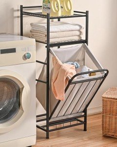 PLKOW Tilt Out Laundry Hamper with Shelf, Laundry Basket Laundry Hamper Cabinet with Removable Liner Bag, 65 Liter, 15.8L x 15.8W x 40H Inch