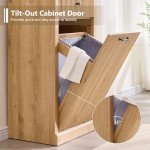 IFGET Modern Tilt-Out Trash Can Cabinet, 10 Gallon Fluted Laundry Hamper Cabinet with Drawers, Wooden Hidden Garbage Can Cabinet w/Storage Basket, Free Standing for Kitchen & Living Room,Natural Oak