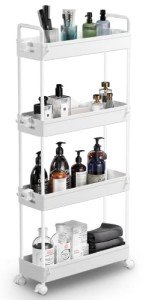 SOLEJAZZ Slim Rolling Storage Cart with Wheels 4 Tier Skinny Bathroom Storage Organizer Narrow Shelf Unit Thin Laundry Room Utility Cart for Bedside Kitchen Office Next to Fridge Small Places, White
